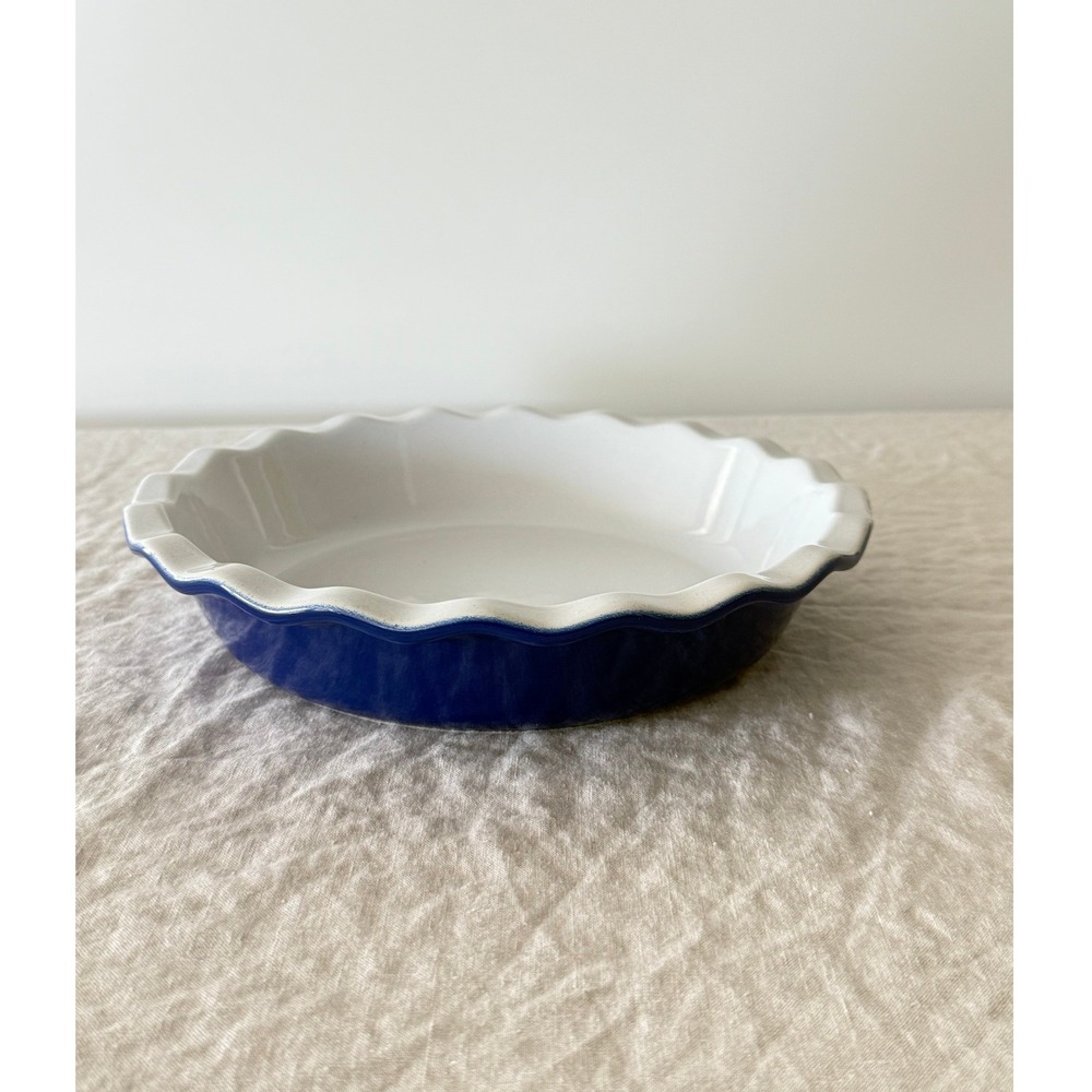 Emile Henry Pie Dish 9in Blue Ruffled Scalloped Edge Ceramic Stoneware France